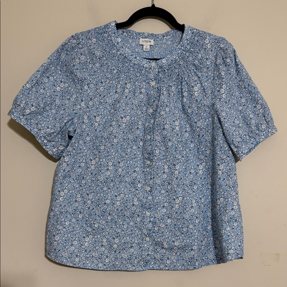 J crew destination Light Blue daisy Floral Blouse top women L button front boho - Picture 2 of 10